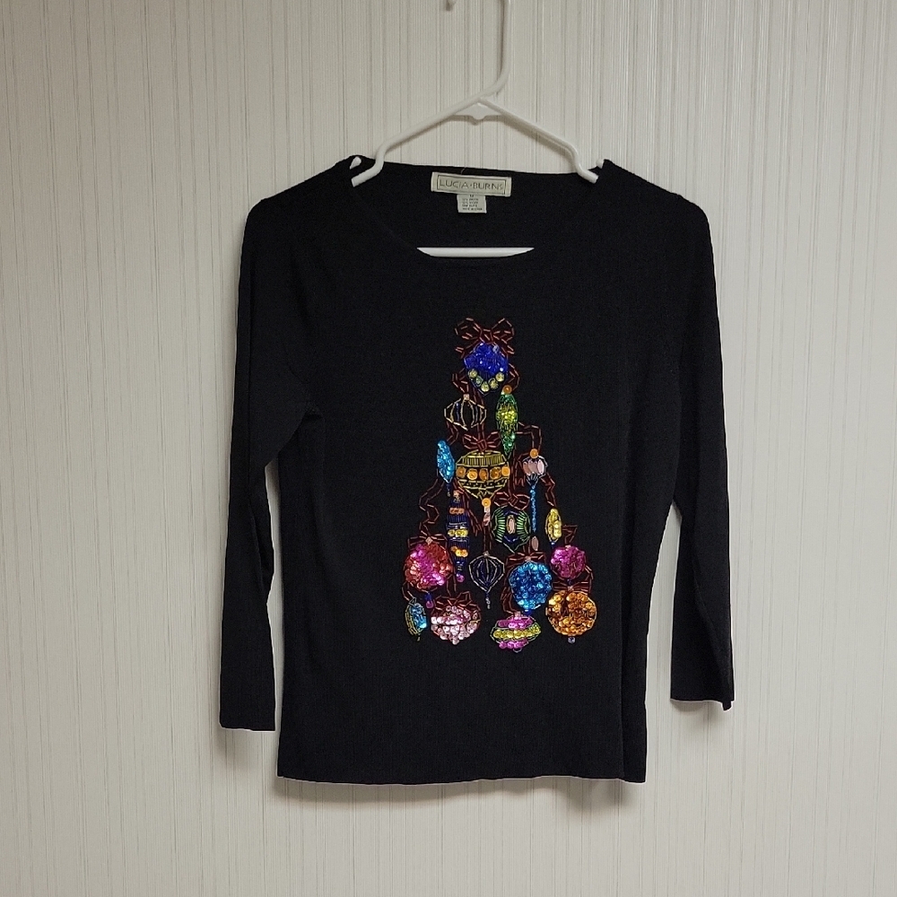 Lucia Burns Black Top with Multicolor Sequin Ornament Design. Women's Medium
